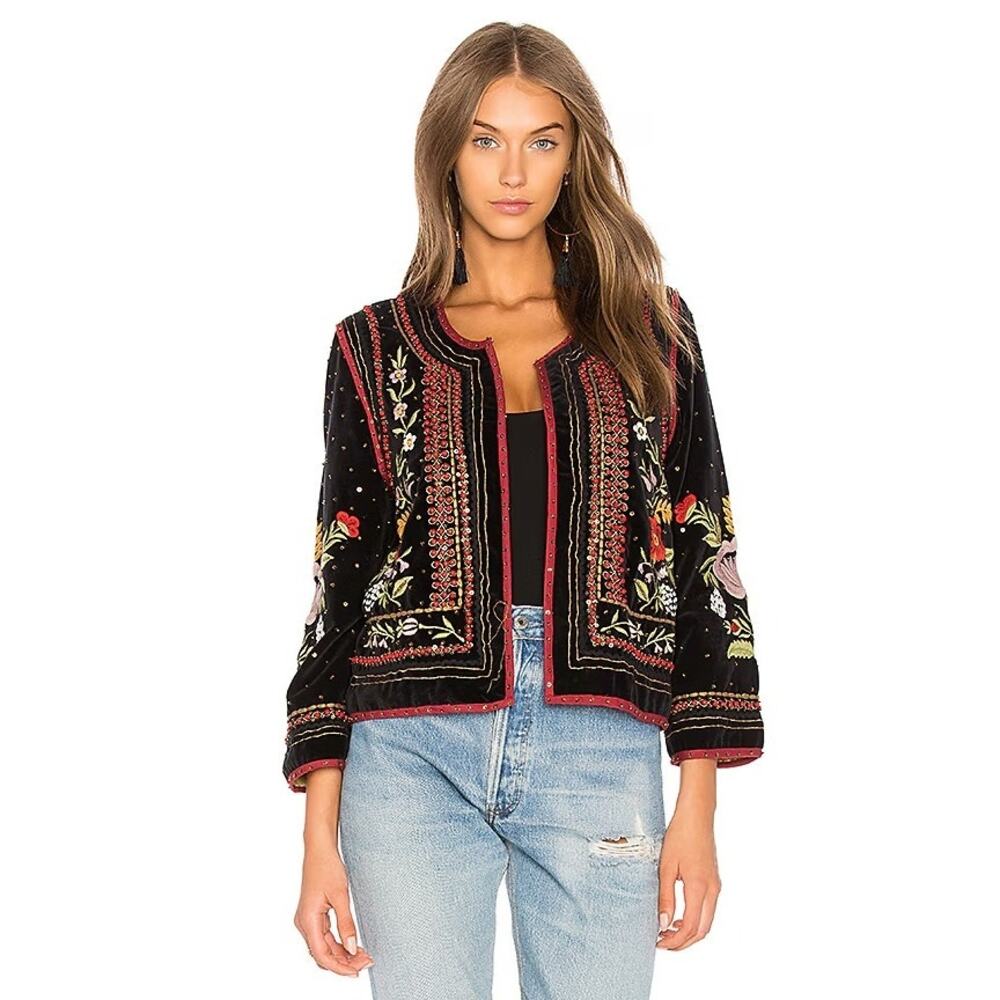 John Mark Embellished Floral Beaded Velvet Jacket Boho Festival Art to Wear XL